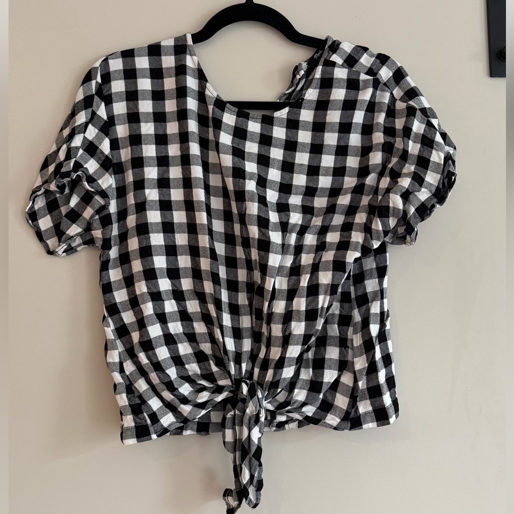 Black and White Checkered Women's Top tie front button back